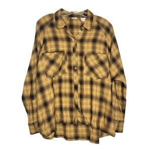 LEVI'S Top Women Small Button Front The EX‎ Boyfriend Shirt Relaxed Yellow Plaid